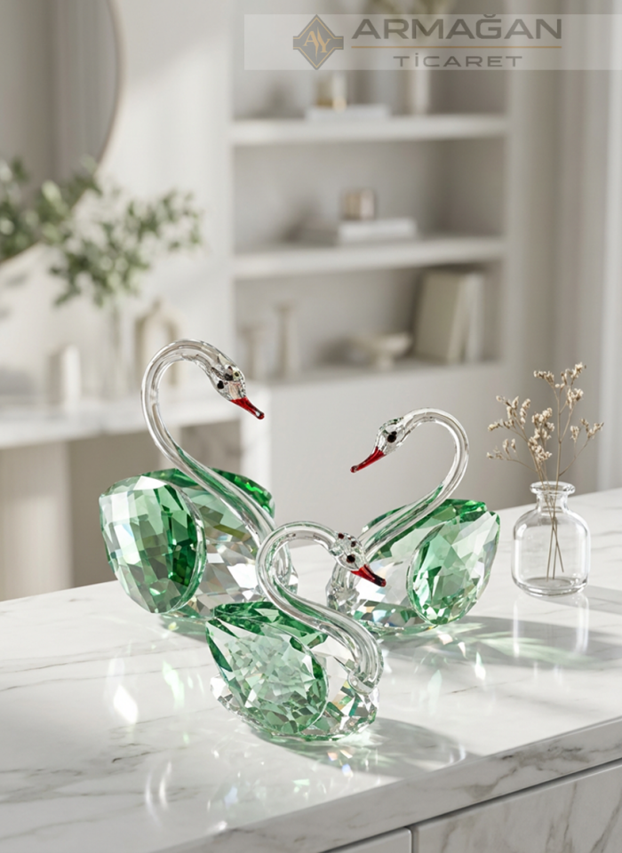 KRİSTAL KUĞU 3'LÜ SET Yeşil - Cam
