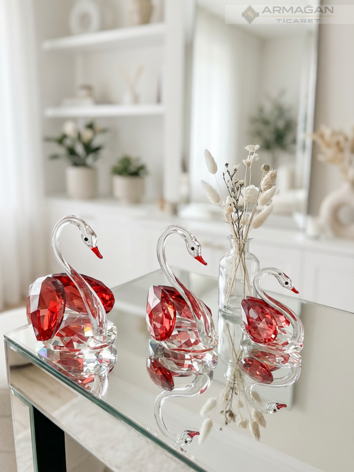 KRİSTAL KUĞU 3'LÜ SET Kırmızı - Cam