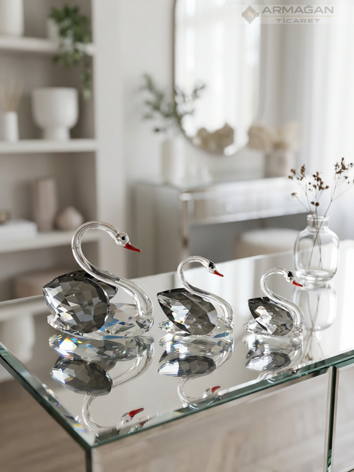 KRİSTAL KUĞU 3'LÜ SET Füme - Cam