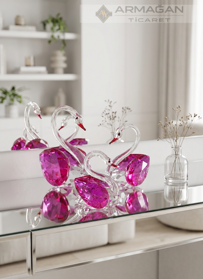 KRİSTAL KUĞU 3'LÜ SET Pembe - Cam