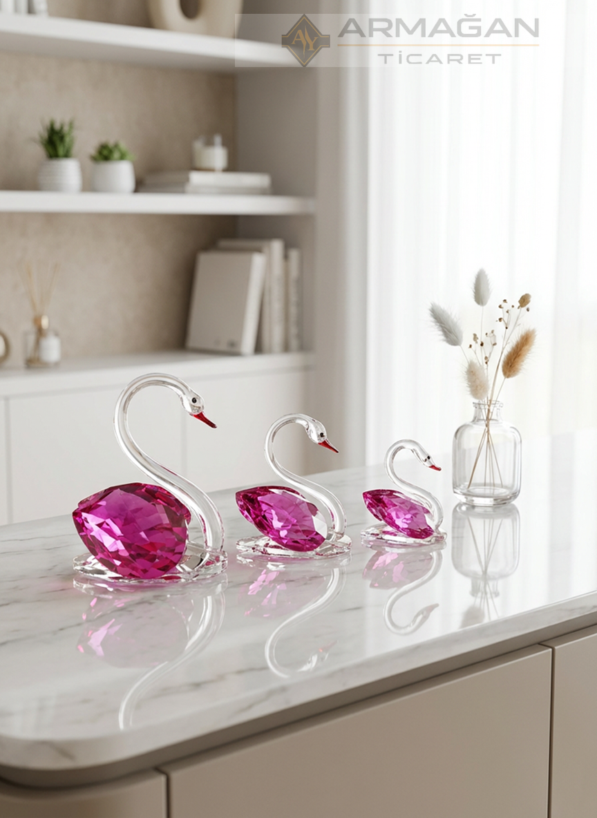 KRİSTAL KUĞU 3'LÜ SET Pembe - Cam