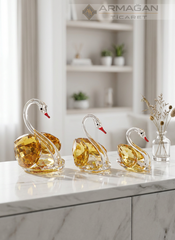 KRİSTAL KUĞU 3'LÜ SET Sarı - Cam