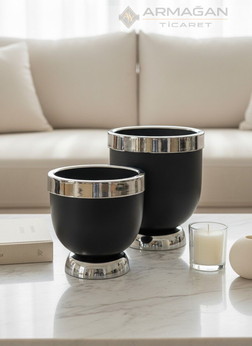 DARBUKA 2Lİ VAZO Siyah-Gümüş