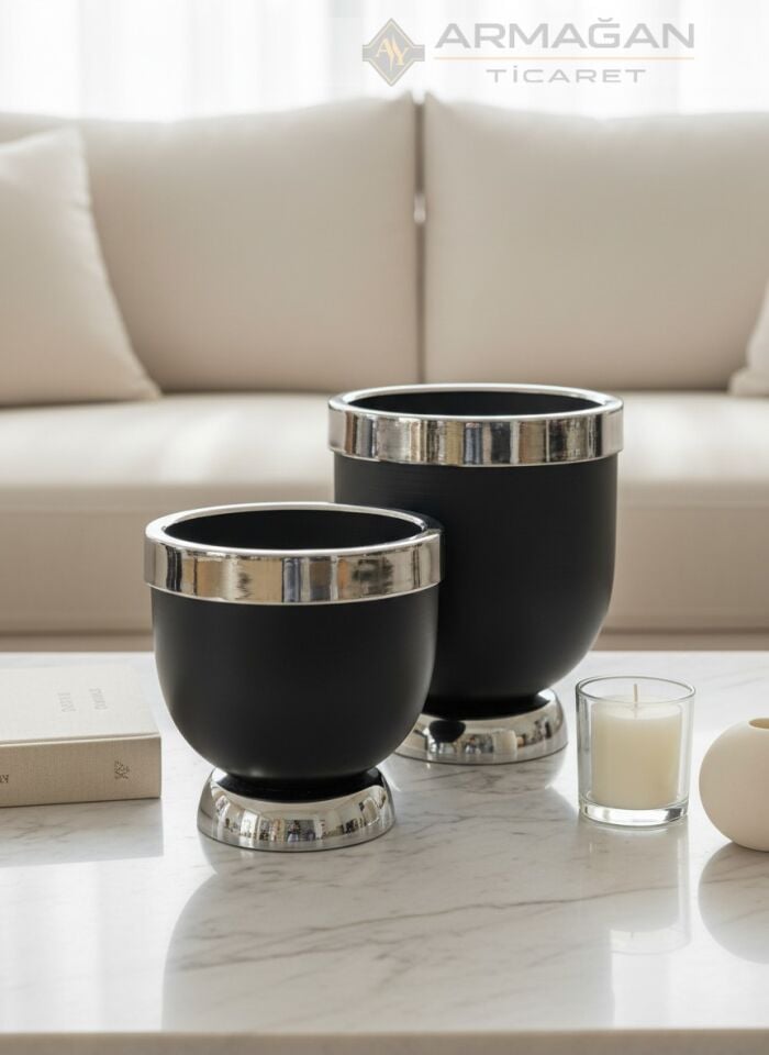 DARBUKA 2Lİ VAZO Siyah-Gümüş