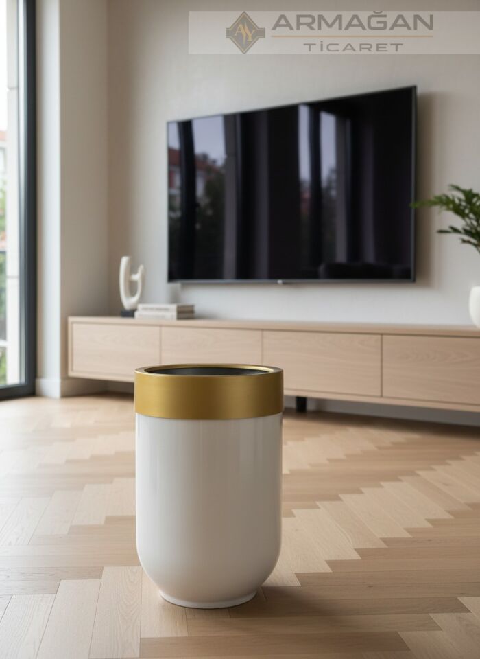 METAL DARBUKA ŞERİTLİ SAKSI Beyaz-Gold - 30-35cm