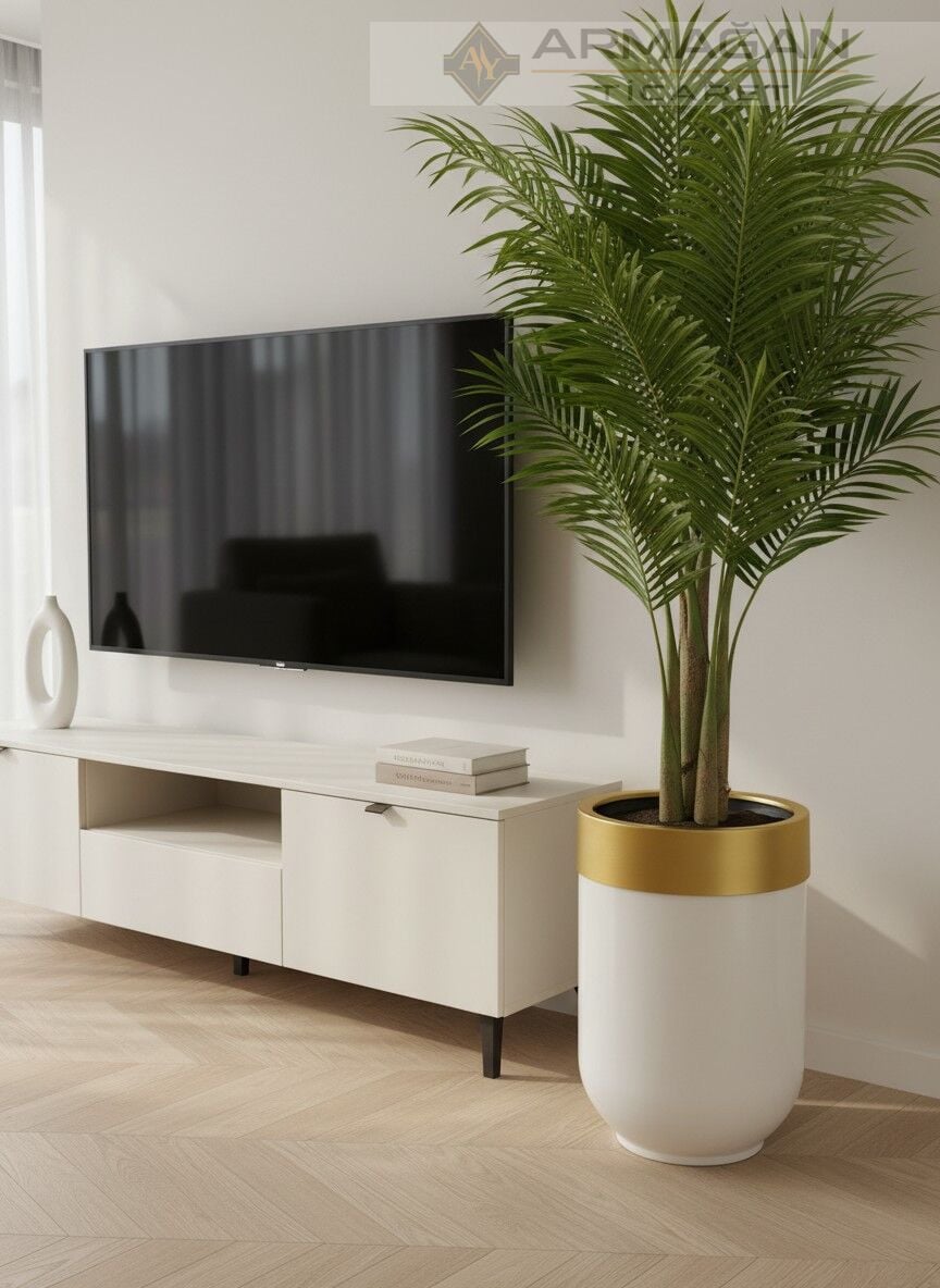 METAL DARBUKA ŞERİTLİ SAKSI Beyaz-Gold - 30-35cm