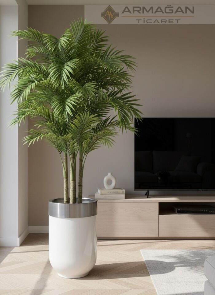 METAL DARBUKA ŞERİTLİ SAKSI Beyaz-Gümüş - 30-35cm