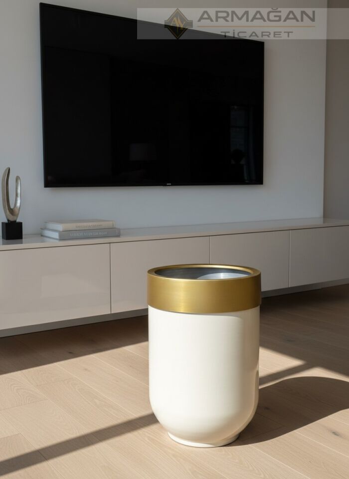 METAL DARBUKA ŞERİTLİ SAKSI Krem-Gold - 30-35cm