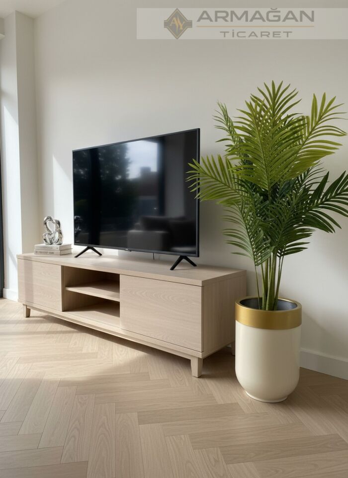 METAL DARBUKA ŞERİTLİ SAKSI Krem-Gold - 30-35cm