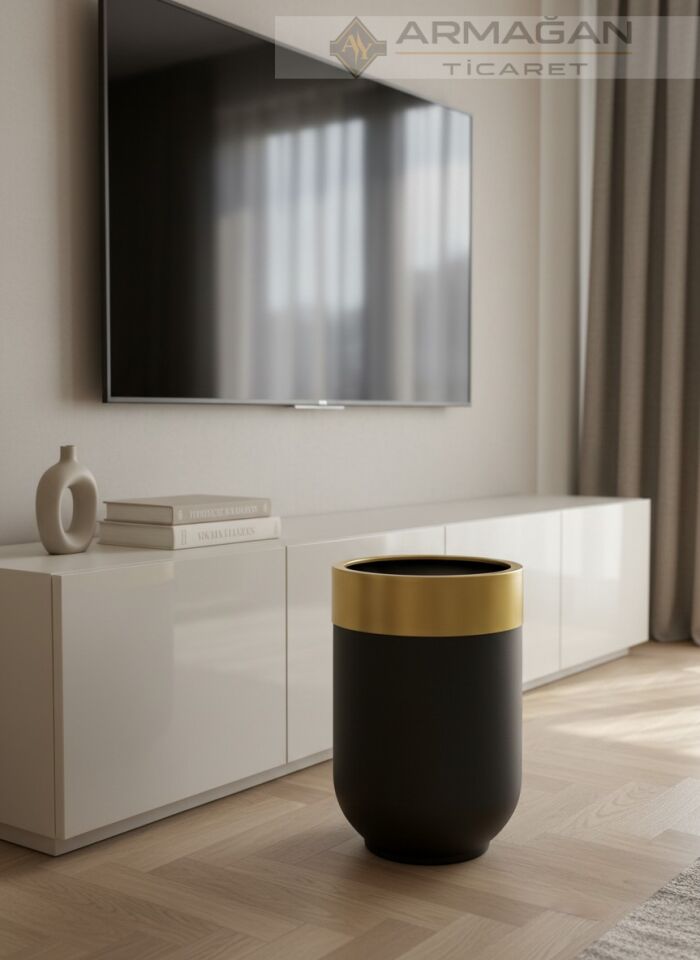 METAL DARBUKA ŞERİTLİ SAKSI Siyah-Gold - 30-35cm