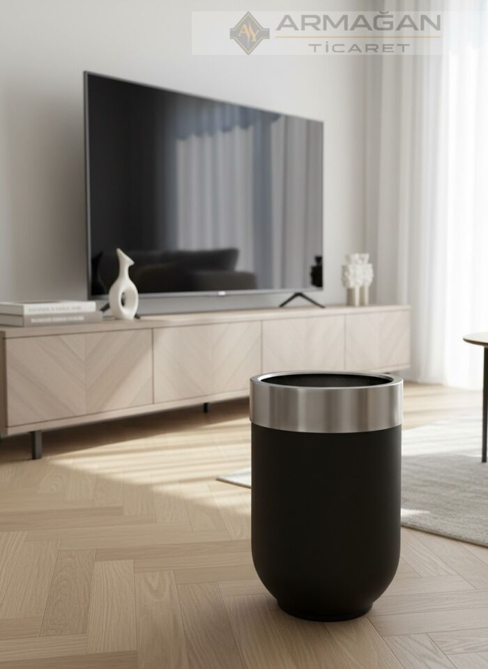 METAL DARBUKA ŞERİTLİ SAKSI Siyah-Gümüş - 30-35cm