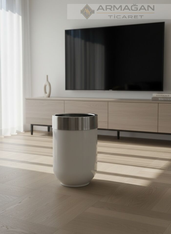 METAL DARBUKA ŞERİTLİ SAKSI Beyaz-Gümüş - 30-50cm