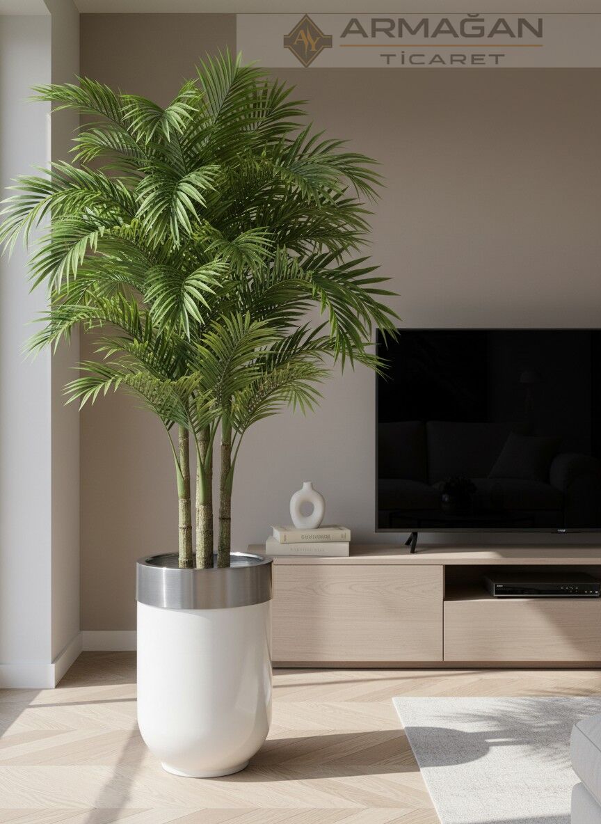 METAL DARBUKA ŞERİTLİ SAKSI Beyaz-Gümüş - 30-50cm