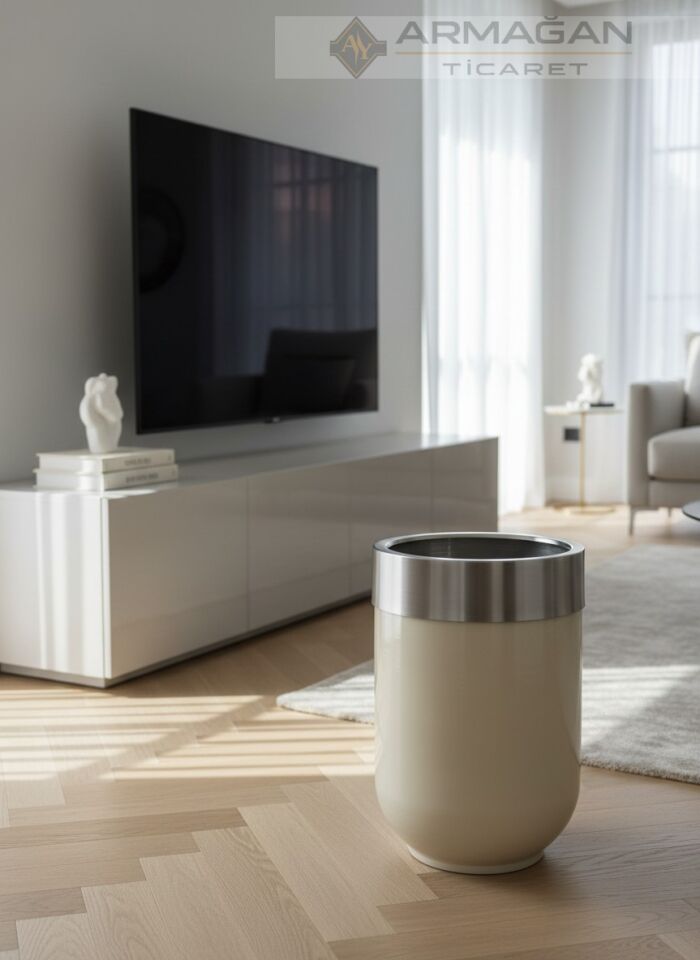 METAL DARBUKA ŞERİTLİ SAKSI Krem-Gümüş - 30-50cm