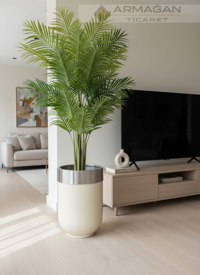 METAL DARBUKA ŞERİTLİ SAKSI Krem-Gümüş - 30-50cm