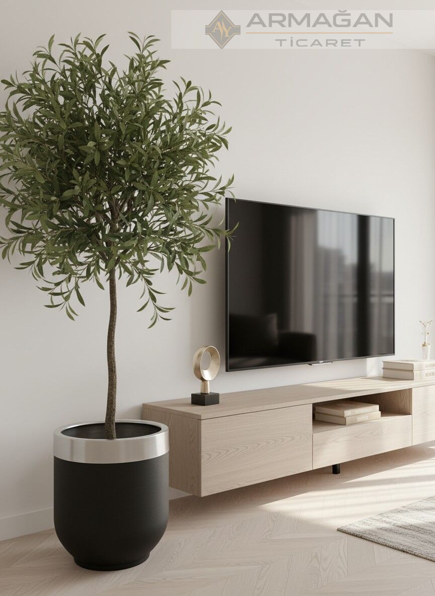 METAL DARBUKA ŞERİTLİ SAKSI Siyah-Gümüş - 30-50cm