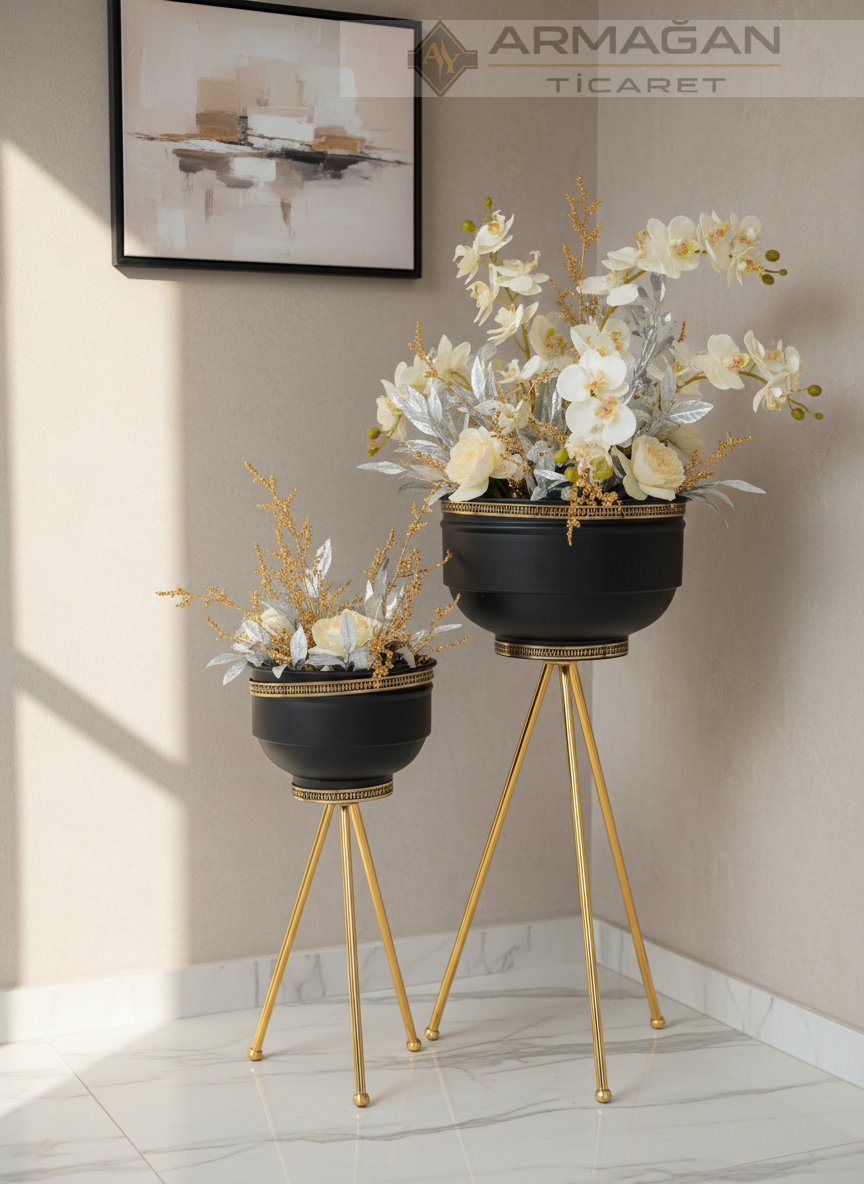 2Lİ DESENLİ ŞERİT METAL VAZO Siyah-Gold