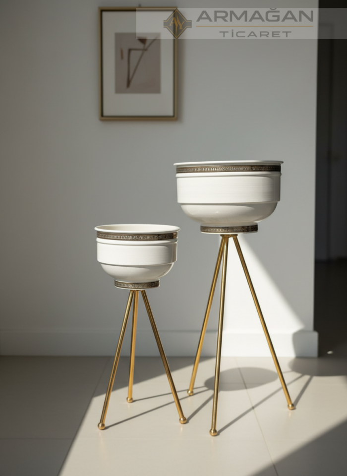 2Lİ DESENLİ ŞERİT METAL VAZO Krem-Gold