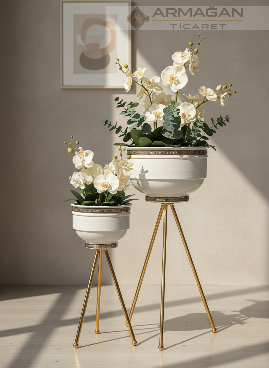 2Lİ DESENLİ ŞERİT METAL VAZO Krem-Gold