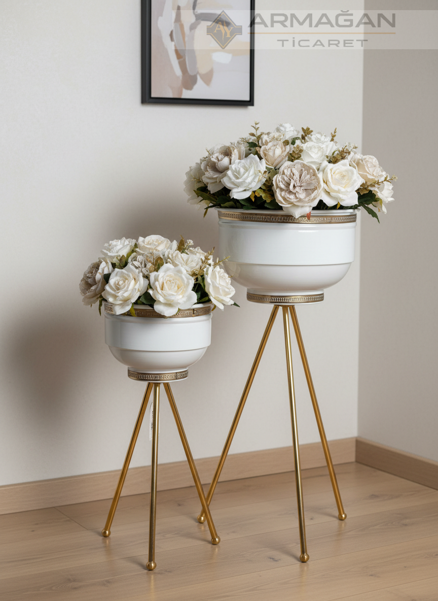 2Lİ DESENLİ ŞERİT METAL VAZO Beyaz-Gold
