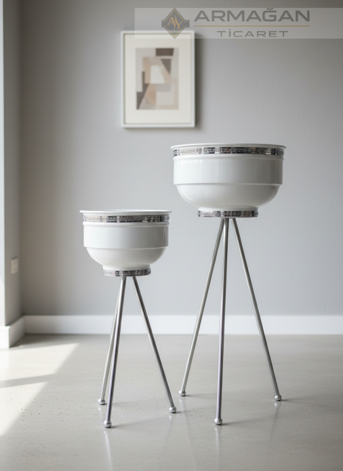 2Lİ DESENLİ ŞERİT METAL VAZO Beyaz-Gümüş