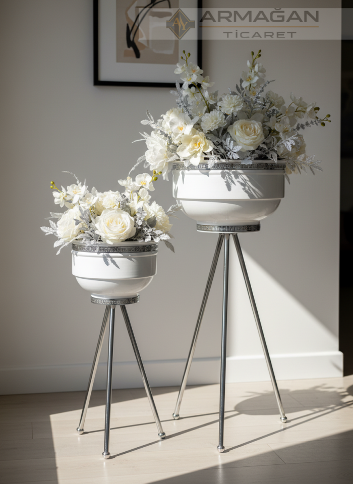 2Lİ DESENLİ ŞERİT METAL VAZO Beyaz-Gümüş