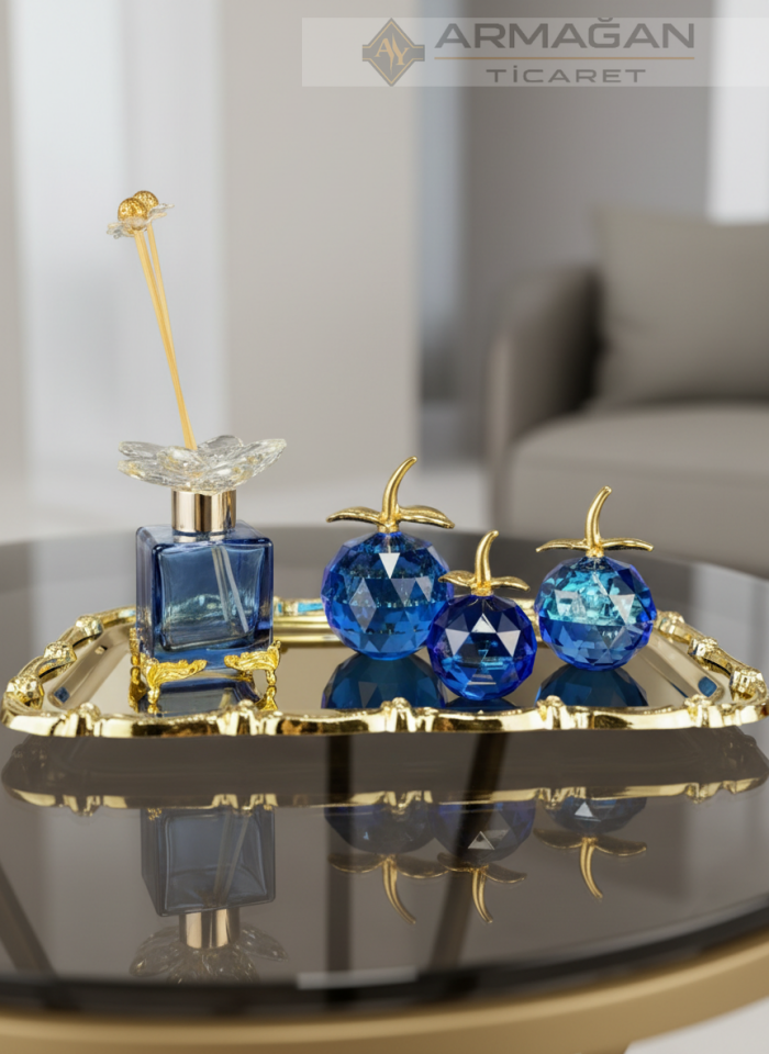 ELMA, KOKU ŞİŞESİ ve TEPSİ SET Lacivert-Gold