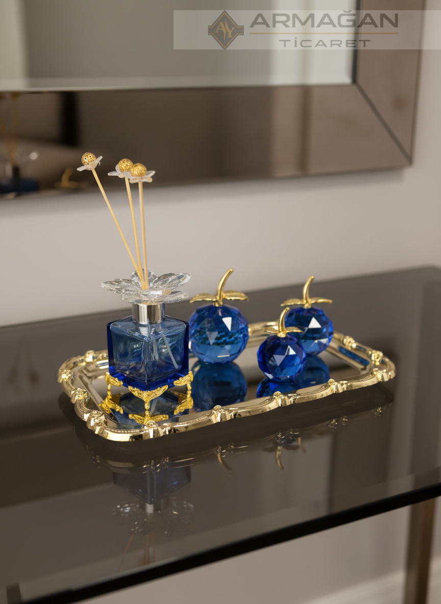 ELMA, KOKU ŞİŞESİ ve TEPSİ SET Lacivert-Gold