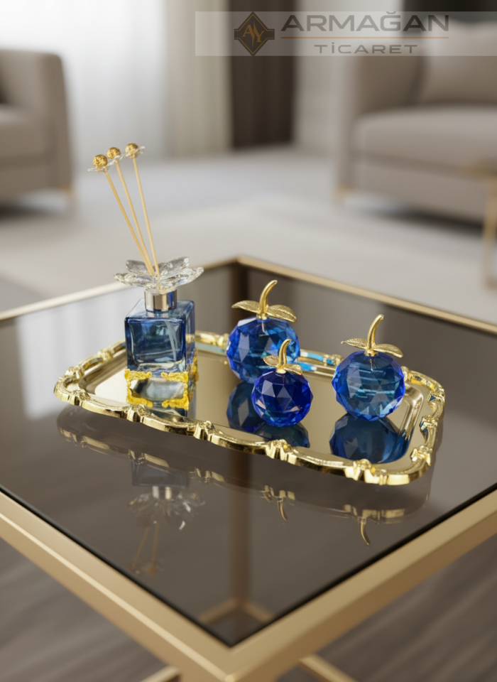 ELMA, KOKU ŞİŞESİ ve TEPSİ SET Lacivert-Gold