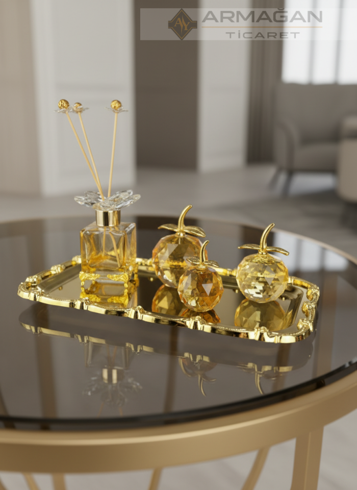 ELMA, KOKU ŞİŞESİ ve TEPSİ SET Amber-Gold
