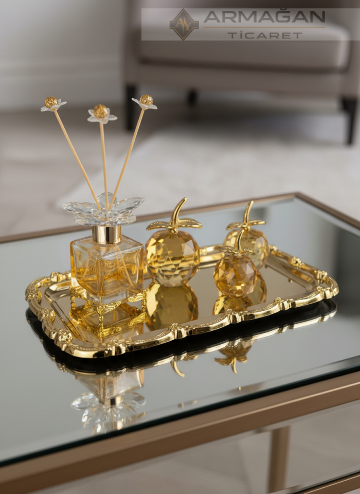 ELMA, KOKU ŞİŞESİ ve TEPSİ SET Amber-Gold