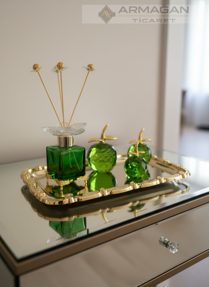 ELMA, KOKU ŞİŞESİ ve TEPSİ SET Yeşil-Gold