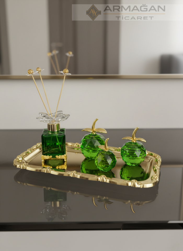 ELMA, KOKU ŞİŞESİ ve TEPSİ SET Yeşil-Gold