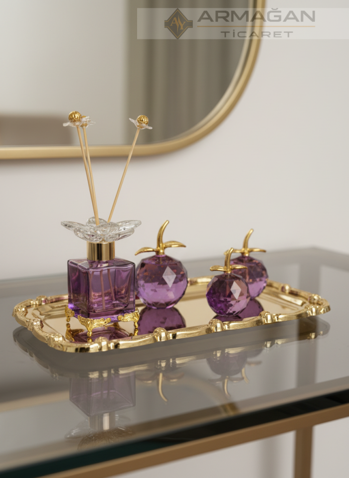 ELMA, KOKU ŞİŞESİ ve TEPSİ SET Mor-Gold