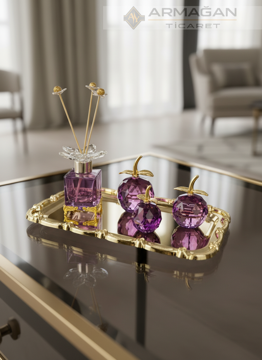 ELMA, KOKU ŞİŞESİ ve TEPSİ SET Mor-Gold