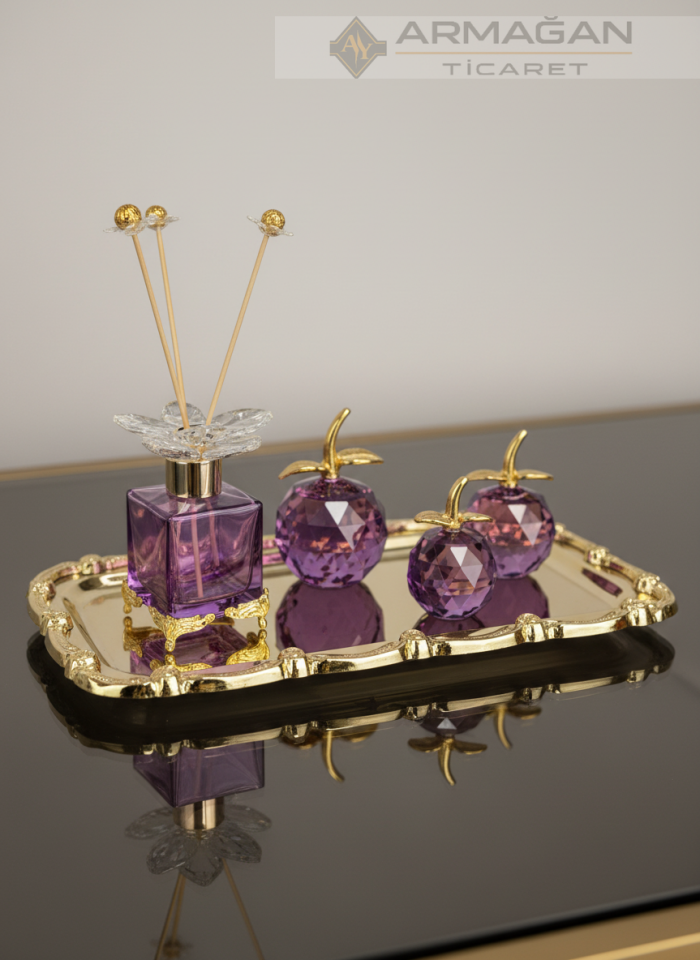 ELMA, KOKU ŞİŞESİ ve TEPSİ SET Mor-Gold