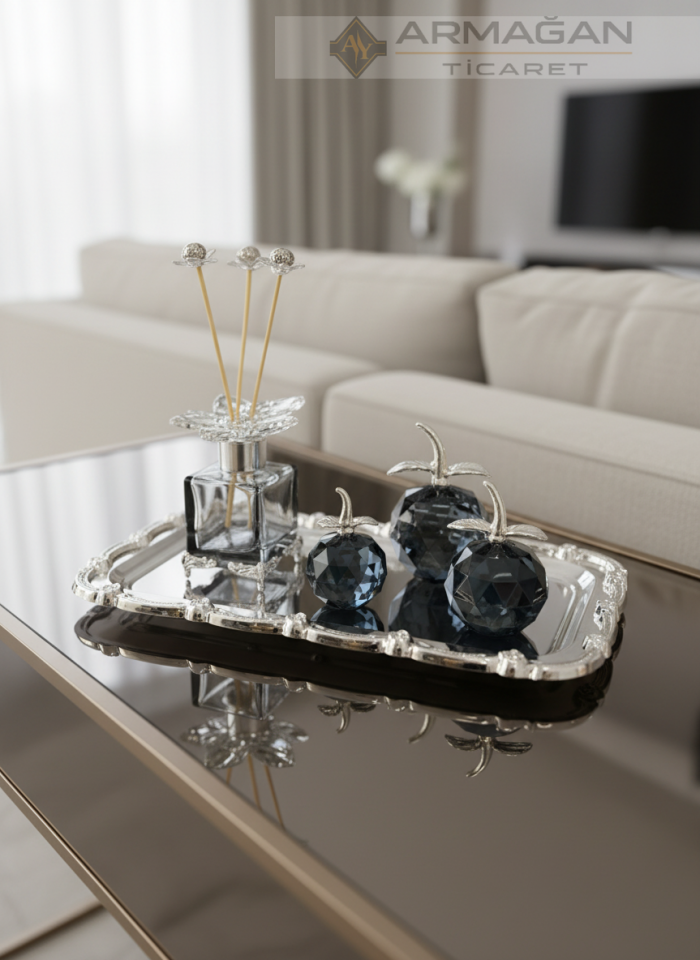 ELMA, KOKU ŞİŞESİ ve TEPSİ SET Füme-Gümüş