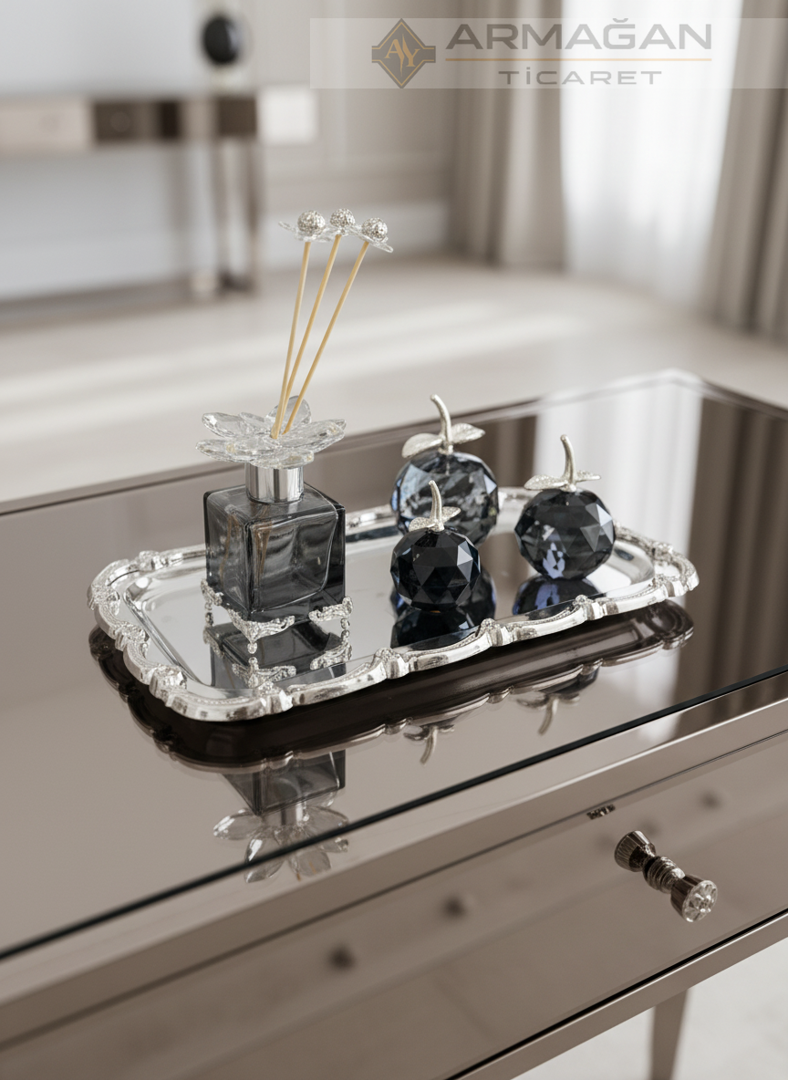 ELMA, KOKU ŞİŞESİ ve TEPSİ SET Füme-Gümüş