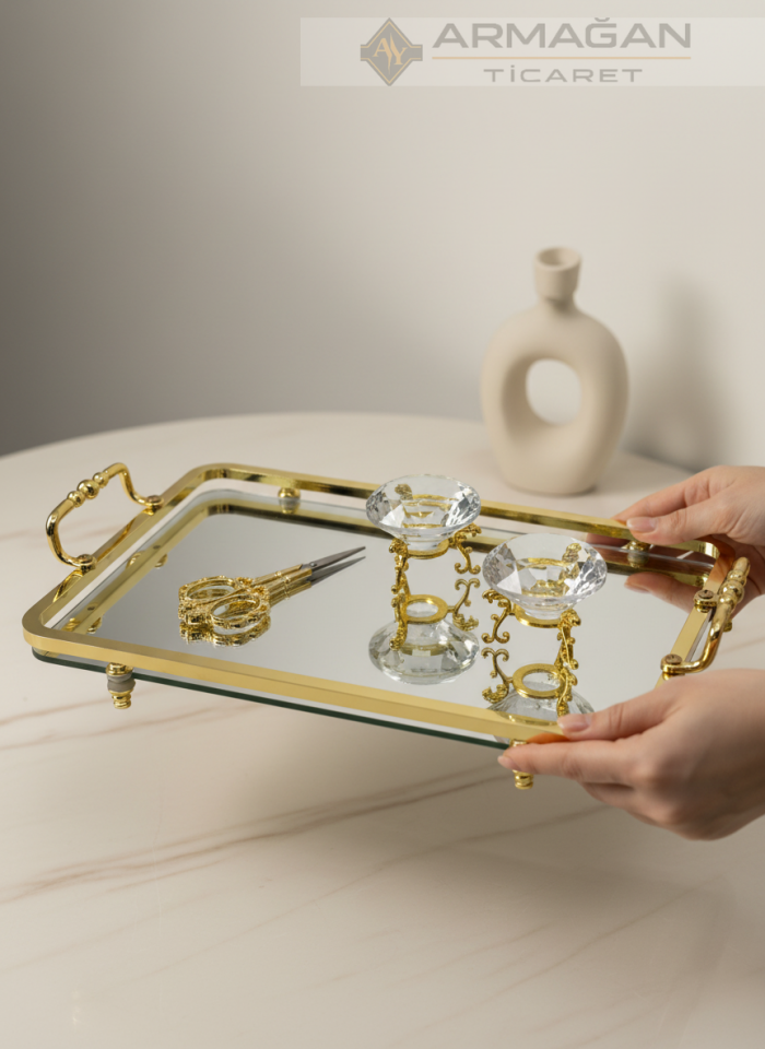 METAL AYNALI TEPSİ DİKDÖRTGEN 2Lİ SET Gold