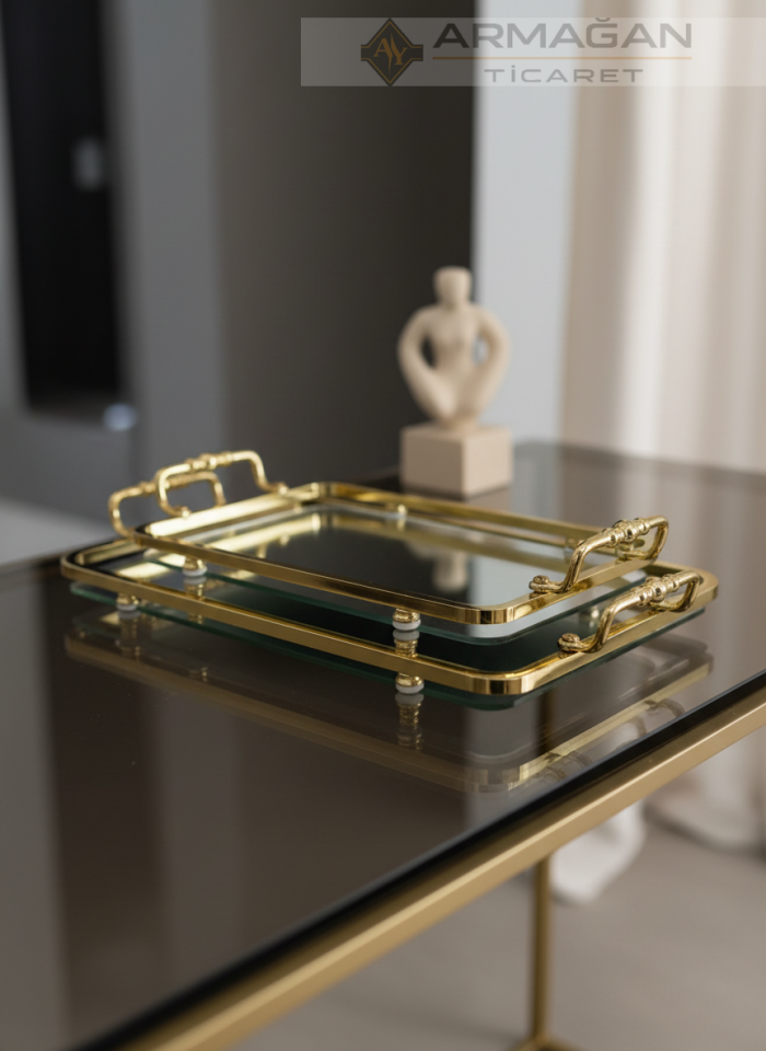 METAL AYNALI TEPSİ DİKDÖRTGEN 2Lİ SET Gold