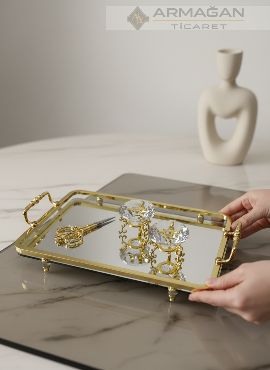 METAL AYNALI TEPSİ DİKDÖRTGEN 2Lİ SET Gold