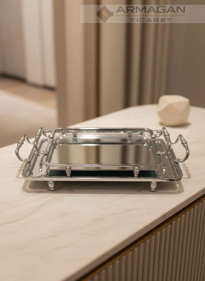 METAL AYNALI TEPSİ DİKDÖRTGEN 2Lİ SET Gümüş