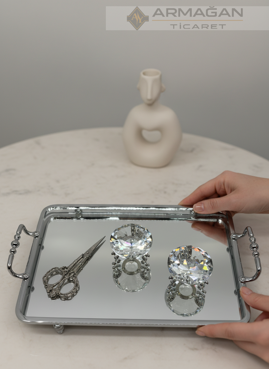 METAL AYNALI TEPSİ DİKDÖRTGEN 2Lİ SET Gümüş