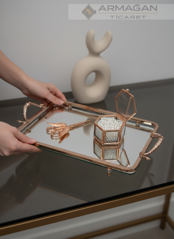 METAL AYNALI TEPSİ DİKDÖRTGEN 2Lİ SET Bronz