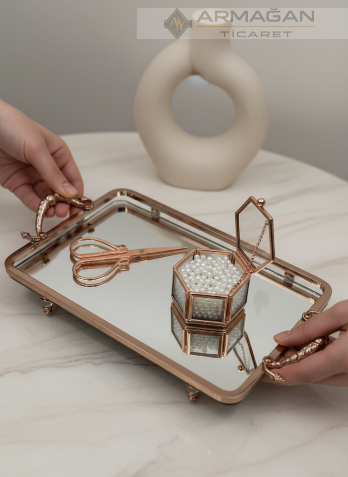 METAL AYNALI TEPSİ DİKDÖRTGEN 2Lİ SET Bronz