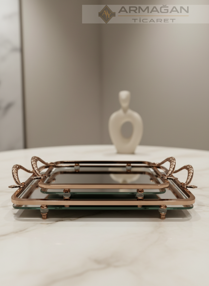METAL AYNALI TEPSİ DİKDÖRTGEN 2Lİ SET Bronz