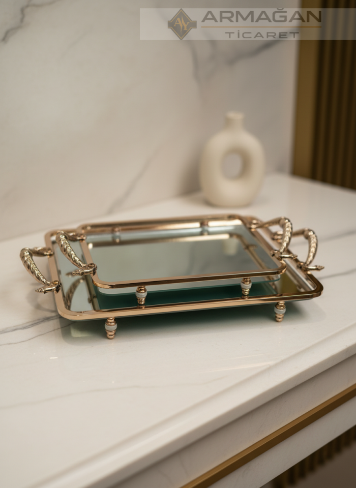 METAL AYNALI TEPSİ DİKDÖRTGEN 2Lİ SET Bronz