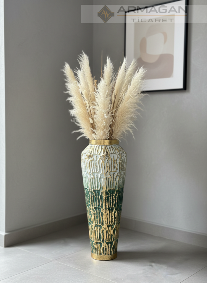 YEŞİL-GOLD DETAYLI TOMBUL VAZO Yeşil-Gold
