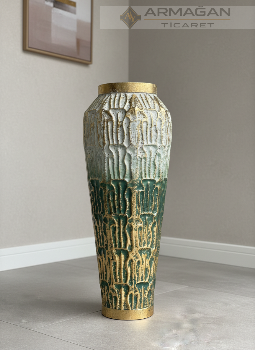 YEŞİL-GOLD DETAYLI TOMBUL VAZO Yeşil-Gold