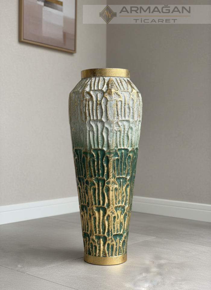 YEŞİL-GOLD DETAYLI TOMBUL VAZO Yeşil-Gold